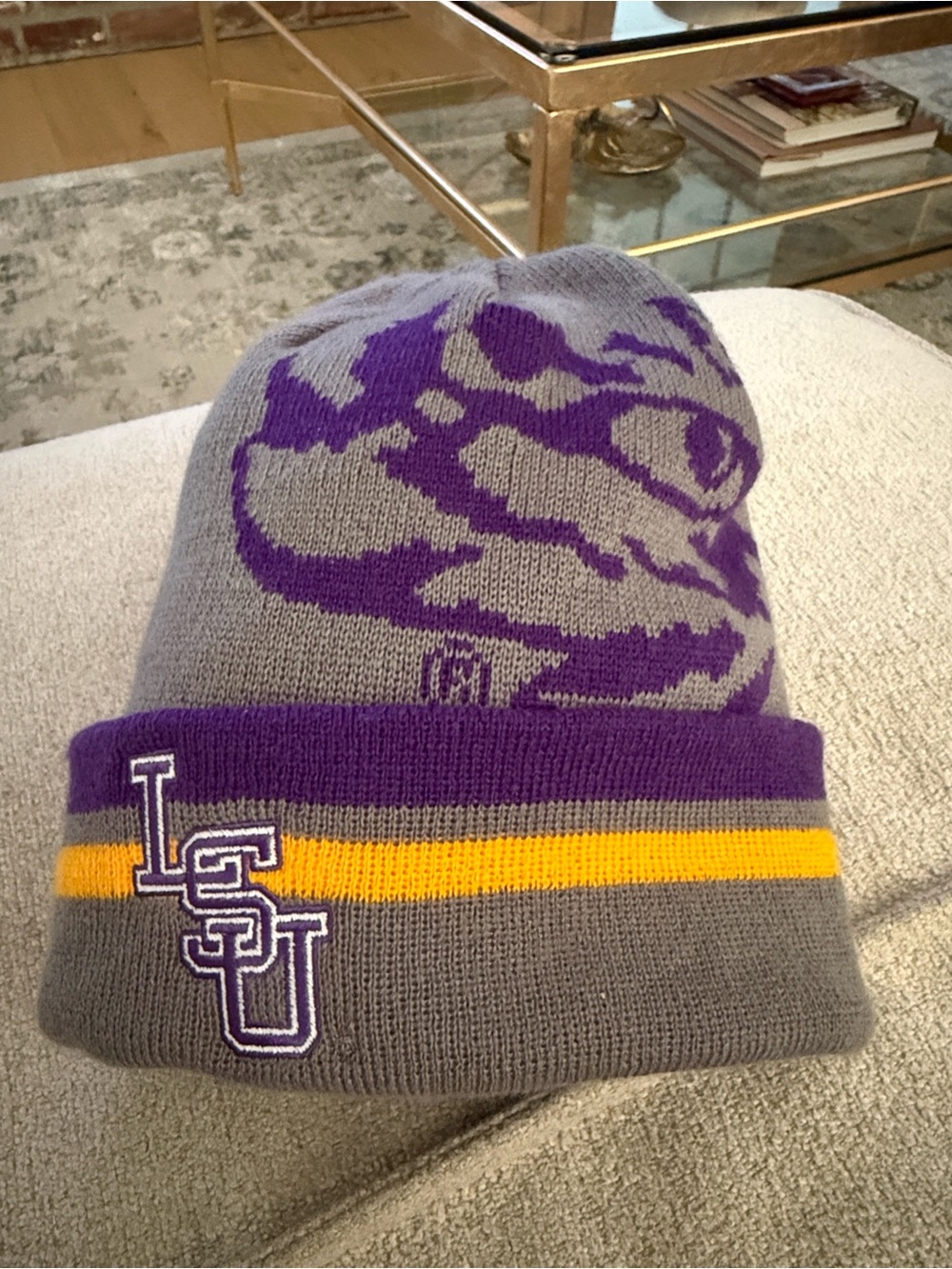 LSU Tigers Captivating Knit Beanie Gray Purple Gold Tiger Eye Logo